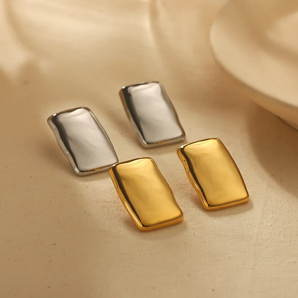 1 par de aretes de botón rectangulares de acero inoxidable chapados en oro de 18 quilates para mujer h5 